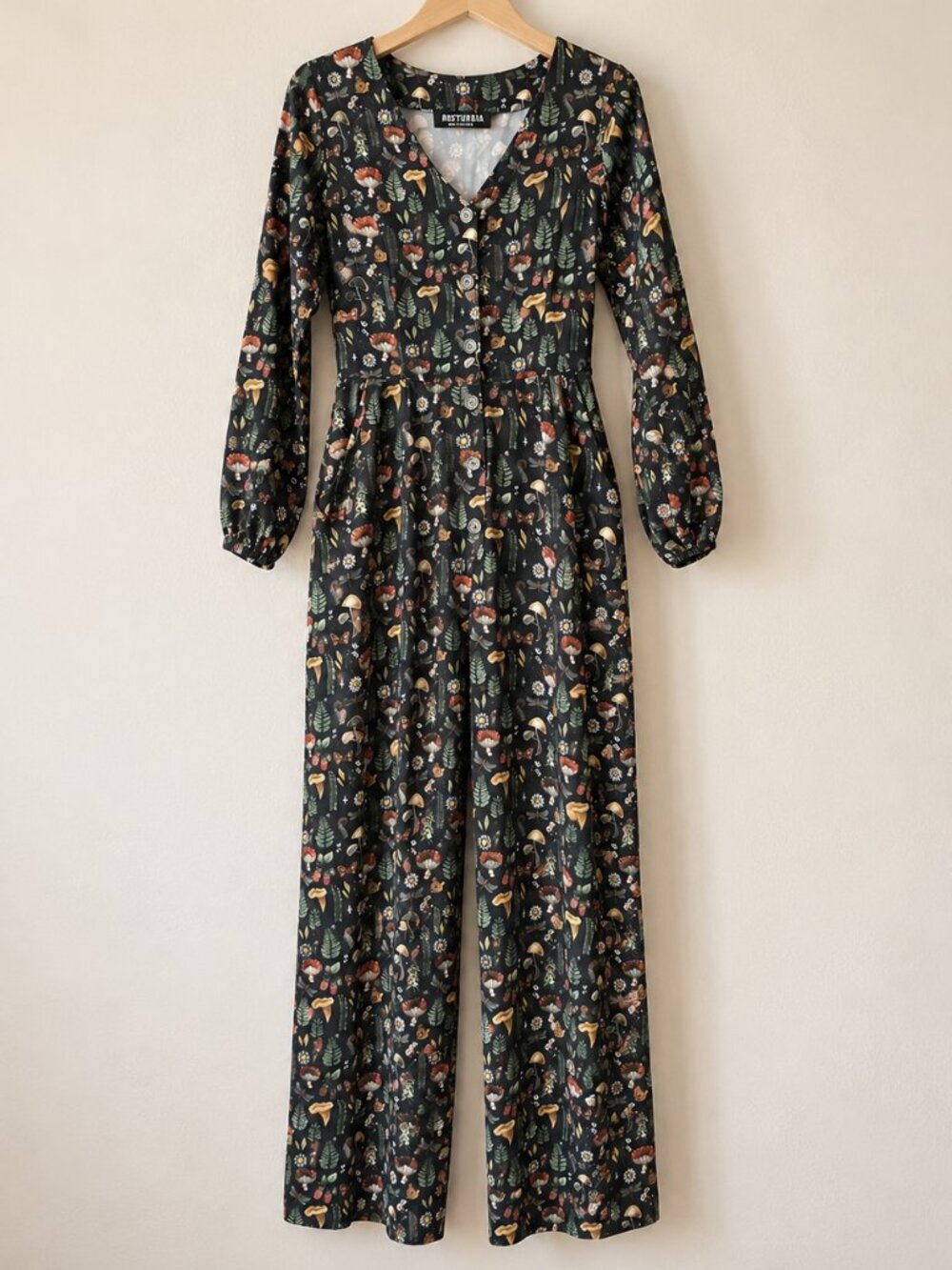 Disturbia Long Sleeve Wide Leg Jumpsuit Size 2 Black Botanical Mushroom Floral